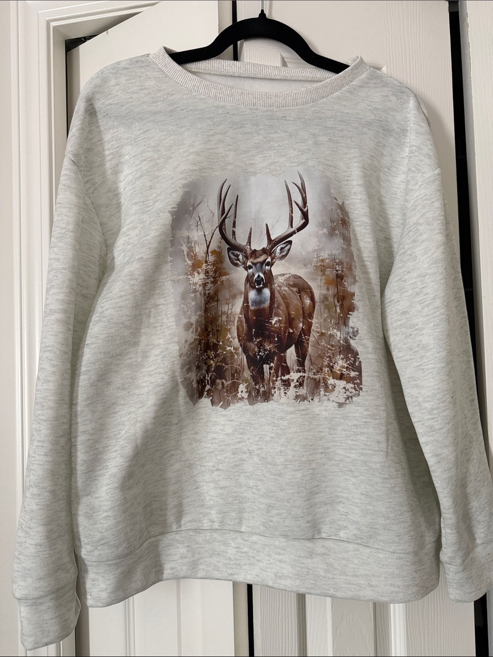 Light Gray Women’s Crewneck Sweater with Deer Graphic